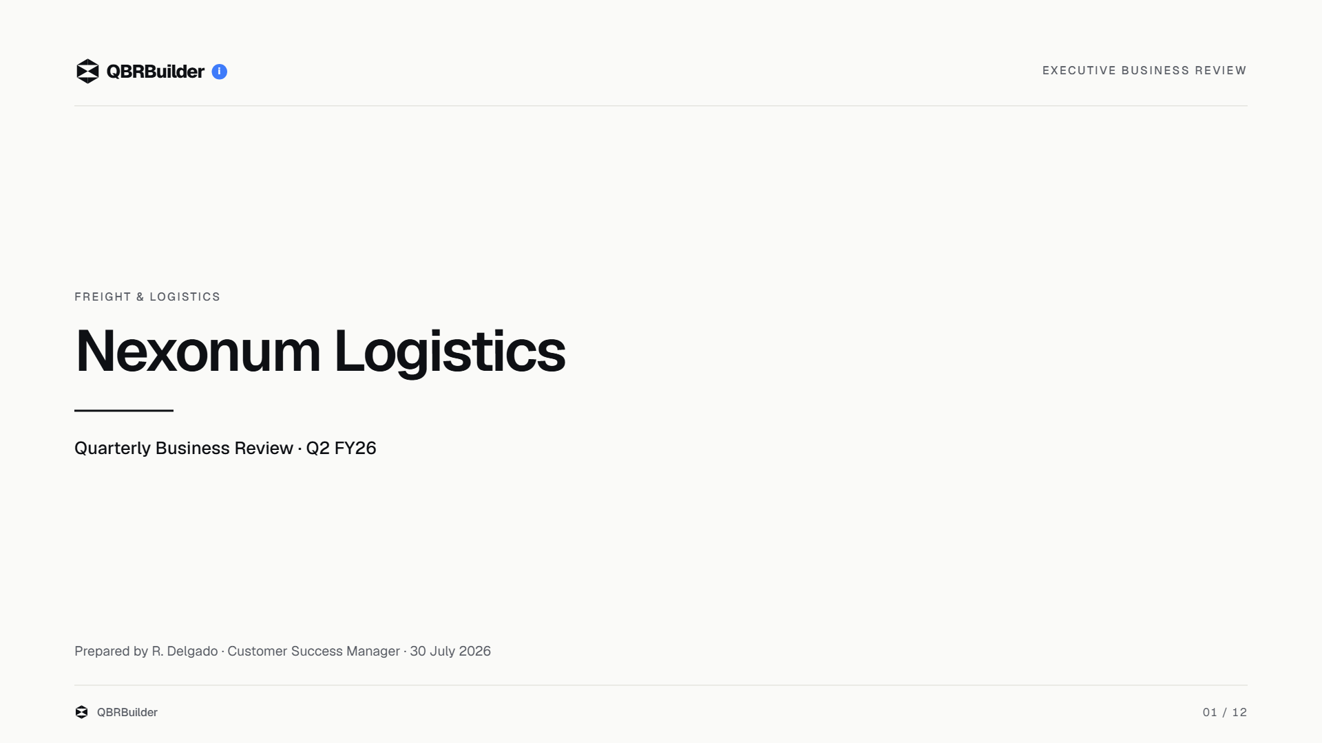 Cover slide of the demo deck: Nexonum Logistics, Quarterly Business Review, Q2 FY26, Executive business review